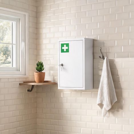 Armoire de toilette mural blanche avec serrure 3 étagères acier (1/5)