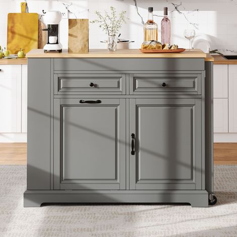 Îlot de cuisine roulant extensible avec espace repas, poubelle intégrée et tiroirs, table mobile autoportante pour cuisine et salle à manger, gris (1/5)