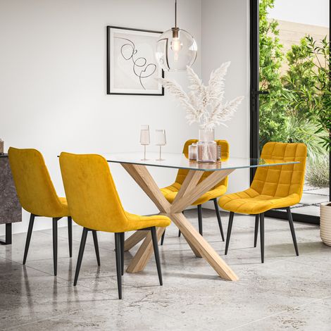 Etta Glass Dining Table And Chairs - Glass Top w Solid Oak Legs + Nova Velvet Dining Chair Set Of 4 (Mustard)