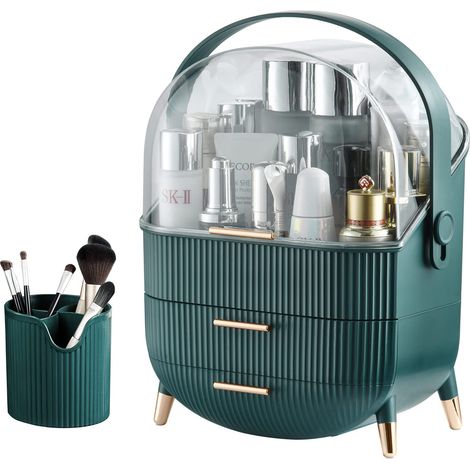 Boîte de rangement de maquillage transparente avec porte-pinceaux de maquillage avec 2 tiroirs, vert/transparent (1/5)