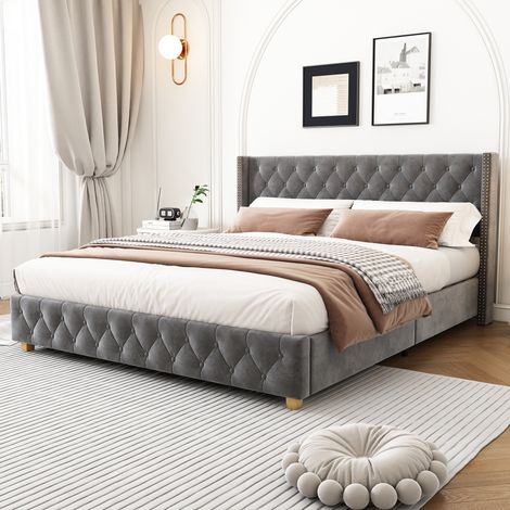 Lit 160x200 capitonné en velours gris avec sommier HAVRYA (1/5)