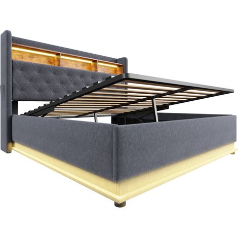 Cama tapizada LED 160 x 200 cm con USB y arcón hidráulico, tela efecto lino gris, HOMVRA (1/5)