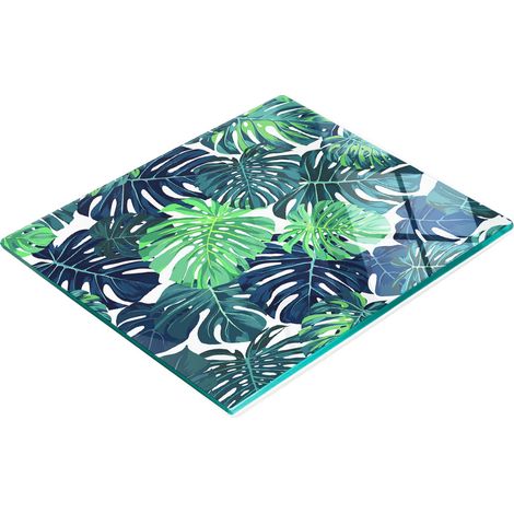 Tabla de cocina de vidrio templado con estampado de hojas tropicales, 60x52 cm. (1/5)