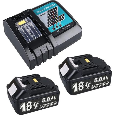 2X 18V 5,0Ah Batteries de Remplacement pour Makita + Chargeur 4 A. Compatibles avec 14.4V-18V BL1830 BL1850 BL1860 BL1840 BL1820 etc. et Les chargeurs DC18RD, DC18RC, DC18SF, DC18RA et DC18RF. (1/5)