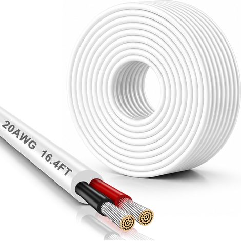 Fil Électrique Blanc 20 AWG 5 m, 2 x 0,5 mm², Cuivre Étamé À 2 Conducteurs, Flexible Basse Tension pour LED, Automobile, Haut-Parleurs, CCTV, 5V/12V/24V et Projets DIY (1/5)