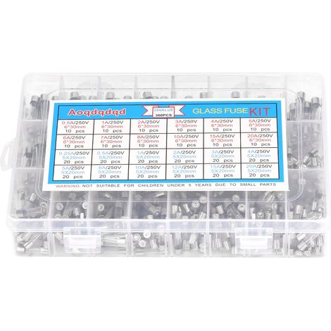 Kit 360 pièces fusibles en verre 0,25A-20A, 24 types, 6x30mm et 5x20mm, lot mixte pour protection de circuits (1/5)