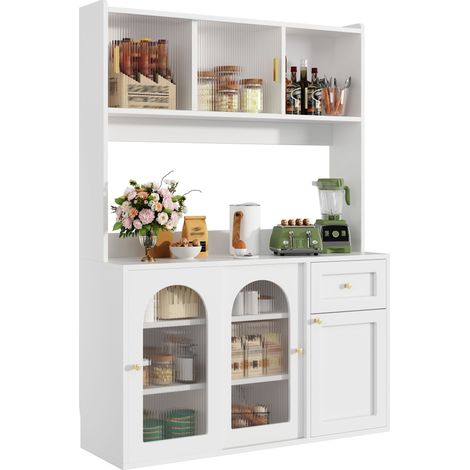 Armoire de cuisine, armoire haute, vitrine, buffet avec étagères réglables, buffet de salle à manger, buffet avec éclairage LED, blanc (1/5)