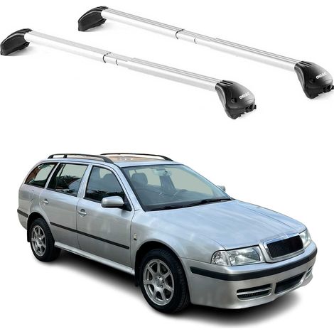 OMAC Barres de toit transversales certifiées TÜV pour Skoda Octavia Break 1996-2020 – Verrouillables (4 antivols) – Charge max 100 kg – Sangle inox + protection caoutchouc Argent (1/4)