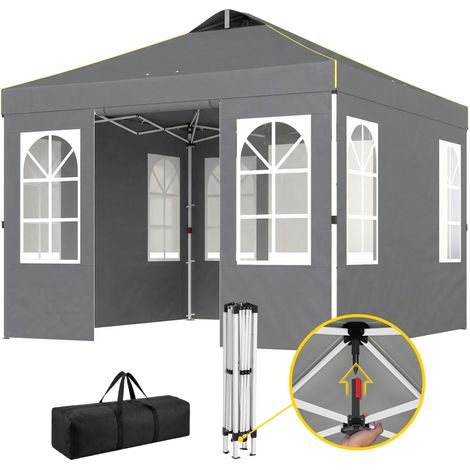 Tente pliante 3x3m, protection UPF50+, 4 panneaux latéraux amovibles, hauteur réglable et sac de transport, gris foncé (1/5)