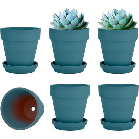 Set of 6 Terracotta Flower Pots with Saucer - 4 in - with Drainage - for Plants, Crafts (1/5)