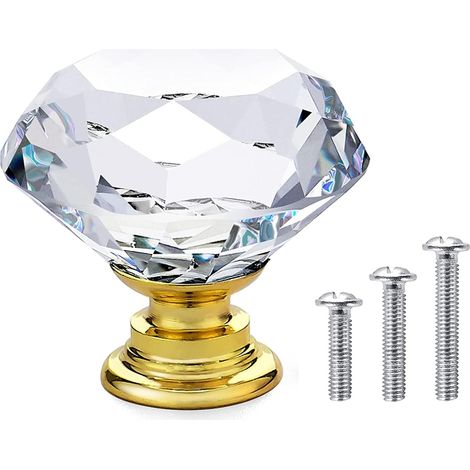 Lot de 20 poignées de porte pour placard, meuble, tiroir - Verre cristal transparent diamant + base dorée - 30 mm - avec vis de 3 (1/5)