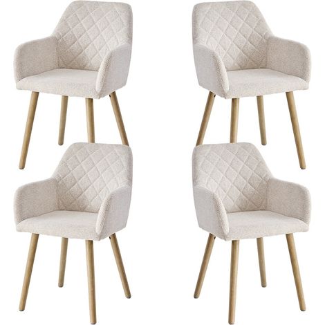 Wokaka Juego de 4 sillas de comedor en lino – Patas de madera maciza – Asiento cómodo para oficina y salón – Beige