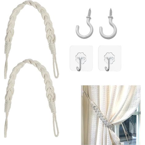Embrasses de Rideaux en Corde de Coton Naturel, 2 Pièces avec Crochets Métalliques, Attache Rideau pour la Décoration de Maison, Bureau et Salle de Bain (1/5)