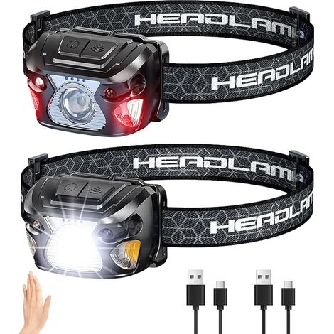 Linterna frontal recargable, 2000 lúmenes, superbrillante, ligera, ultra potente, LED, con 6 modos de iluminación, resistente al agua IPX5, con indicador de batería para correr y acampar. (1/5)