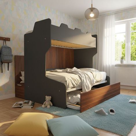 Letto a castello salvaspazio con scala contenitore - 1 Piazza e mezza + singolo - Basalto e Noce (1/5)