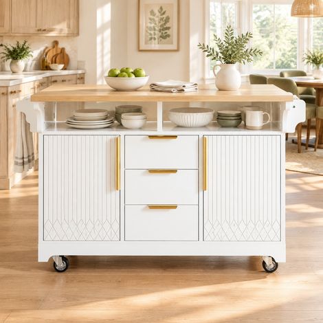 Isla de cocina con ruedas y encimeras abatibles, 120-197 cm, blanca OKMYHOME (1/5)