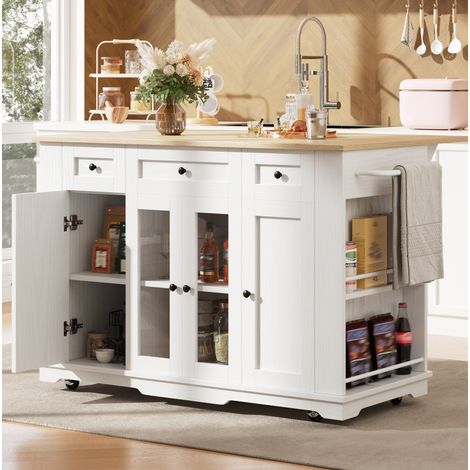 Îlot de cuisine 151,5x85x91,7 cm blanc et naturel en MDF, métal et verre trempé avec plateau rabattable et rangements (1/5)