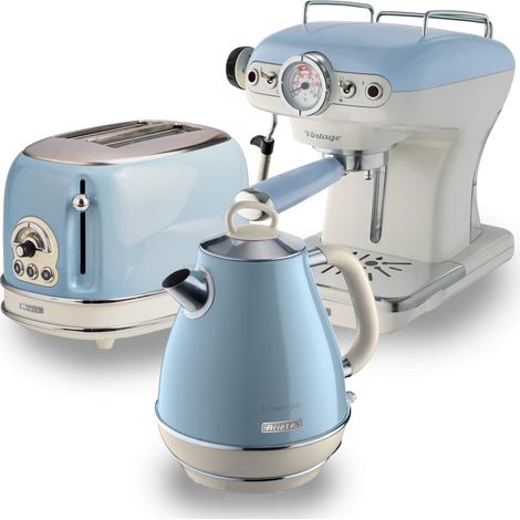 Ariete ARPK6 Retro Style Jug Kettle, 2 Slice Toaster and Espresso Machine Set, Vintage Design, Blue
