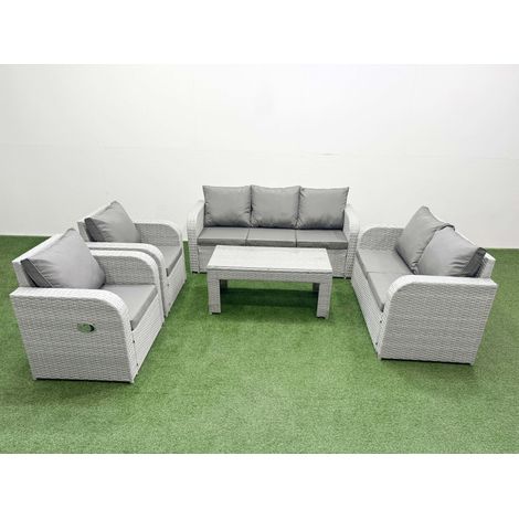 Fimous PE Rattan Garden Furniture Set Adjustable Chair Sofa Double Love Seat 2 Seater Sofa Lounge Set Rectangular Coffee Table Light Grey (1/4)