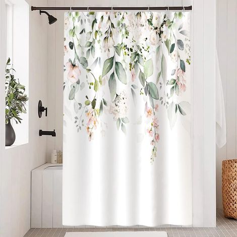 1 Rideau Douche, Tissu Polyester Imperméable, Motif Feuilles Eucalyptus, 8 Crochets Inclus, Pour Salle De Bain 120x200cm