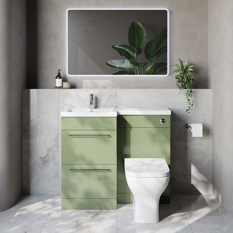 Napoli 390 Olive Green 1000mm 2 Drawer Vanity Unit Toilet Suite with Left Hand Square Lucia Basin - 1000mm - Chrome 320mm HandleWith Kingston Toilet Pan and Seat