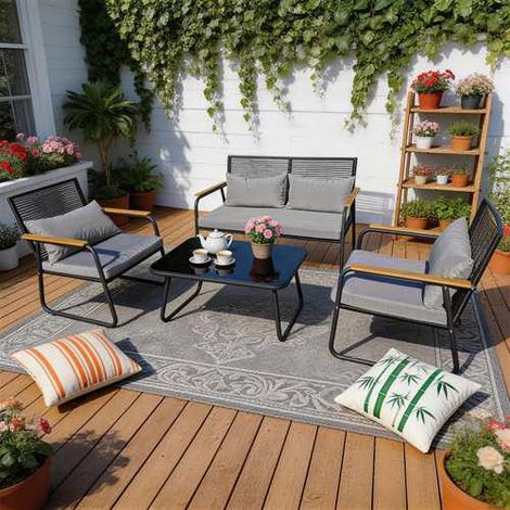 BIRCHTREE 4-Seater Rattan Garden Furniture Set Single Double Sofas W/ Glass Coffee Table