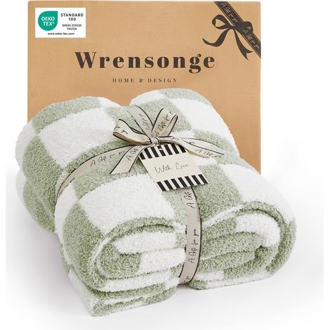 Couverture à Carreaux en Microfibre Douce, Confortable, Moelleuse et Chaude, Faite à la Main – Jeté léger pour canapé, Chaise, lit, Camping, Pique-Nique, Voyage, Vert Sauge, 127 x 177,8 cm (1/5)