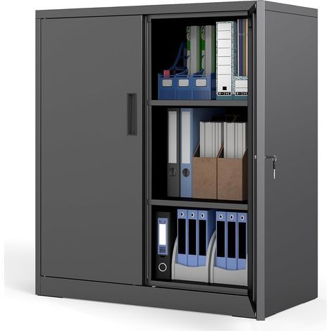 COSTWAY Armoire Bureau Metallique, Armoire Rangement Garage en Acier, 2 Portes Verrouillables, Étagères Réglables en 26 Positions, Dispositif Anti-Basculement, pour Atelier, Noir (80 x 40 x 91 cm) (1/5)