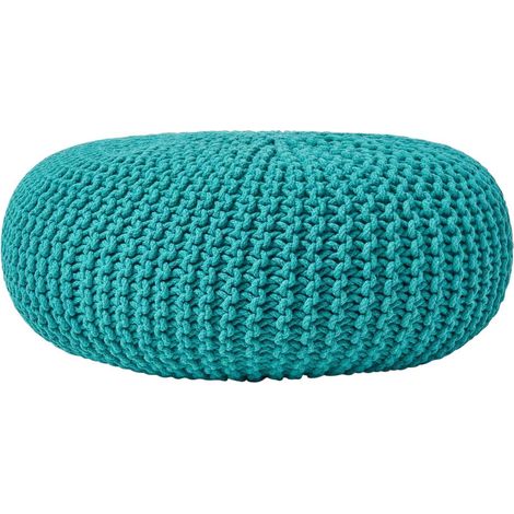 HOMESCAPES Grand Pouf rond tressé en tricot - Vert turquoise