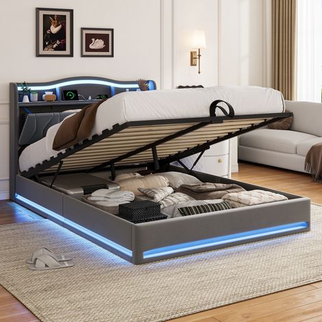 Lit coffre 160x200cm, lit double adulte avec sommier à lattes, tête de lit LED et port USB, tissu polaire doux, Gris (1/5)