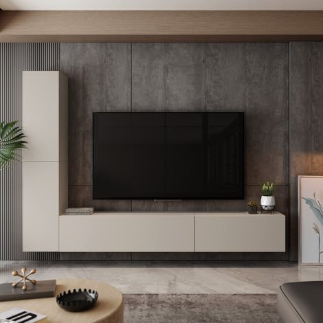 Pared Modular Gatafa, Mueble de Salón con 4 Estantes, Puerta Abatible, Beige (1/5)