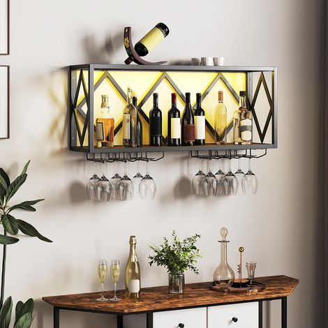 Porte-Bouteilles Mural Industriel Lumière LED, pour 39 Bouteilles, 6 Rangées de Porte-Verres, Gain de Place pour Cuisine, Bar, Salle à Manger (1/2)