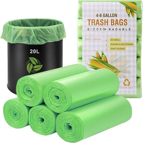 Lot de 100 sacs poubelles bio 20 L, sacs à déchets organiques compostables,recyclés épais, biodégradables, 50 x 60 cm (vert) (1/4)