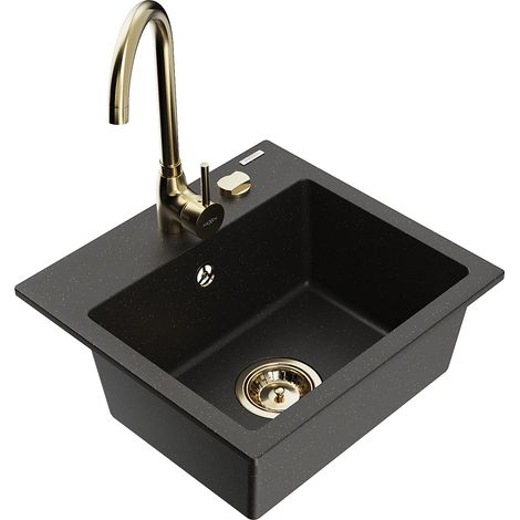 Mexen Milo lavello in granito 1-vasca con rubinetto da cucina Telma, nero/oro - 6505-75-670200-50 (1/5)