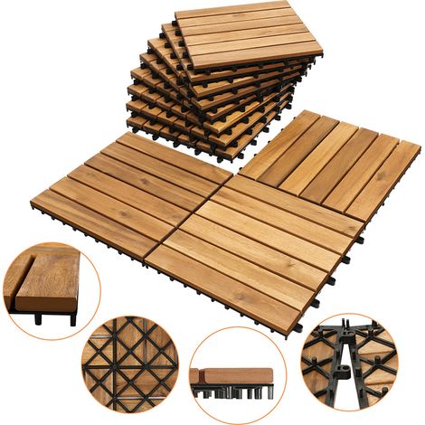 TolleTour Dalle en bois Acacia 30 x 30 Dalles à clipser Balcon Dalles de terrasse Dalles de terrasse en bois Système à clipser Extérieur,résistant aux intempéries,antidérapant 11x