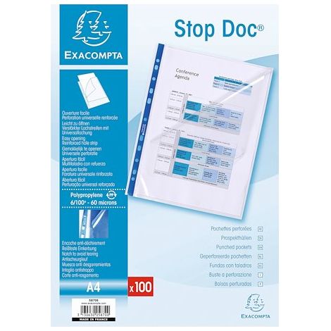 Pochettes perforées - Stop doc - A4 - 100 unités - Polypropylène lisse - Transparent et bleu