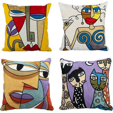 Lot de 4 Housse de Coussin Picasso 45x45 cm Coton Lin Brodé Housses Coussins Canapé Décoration Salon Scandinave Chambre Lit Fauteuil de Bureau Design Motif Visage Abstrait Vintage Colorée (1/5)