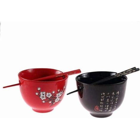 Duo Grands Bols ⌀ 13 cm - En Rouge et Noir - Décors Fleurs de Cerisier - Bols à Riz, Petit Déjeuner (1/5)