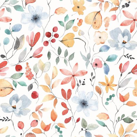 Papier Peint Feuillage Blanc Vintage Papier Peint Fleur Bleu Aquarelle Papier Adhésif pour Meuble Chambre Armoire Stickers Meubles Deco Cuisine Stickers Muraux Salle de Bain 44,5cm×300cm (1/5)
