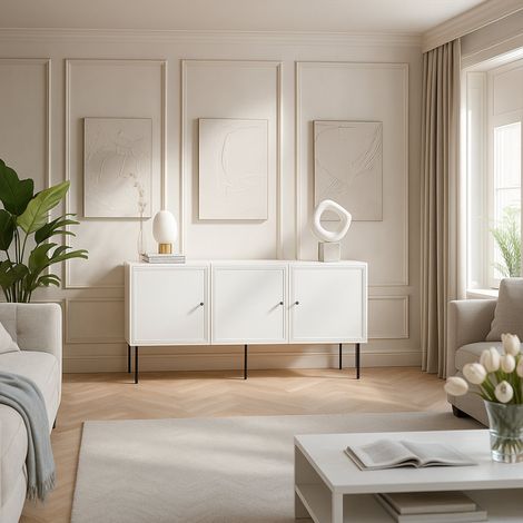 Aparador Vigasio, Aparador de salón con tres puertas batientes, elevado del suelo, 151x40 h75 cm, Blanco (1/5)