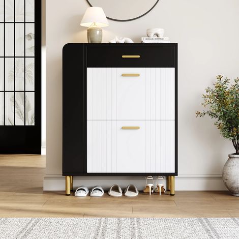 Schmaler Schuhschrank mit 2 Klappen, 1 Schublade, 3 offenen Fächern – freistehend, ideal für Flur & Diele, Schwarz-Weiß, B80 x T24 x H105 cm
