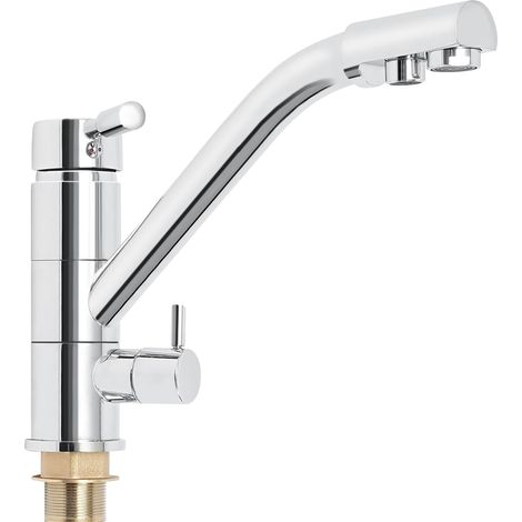 HAUTOUR Robinet 3-en-1 argent moderne en laiton placé électrolytiquement, robinet cuisine à levier rotation 360°, alimentation eau chaude, froide et eau potable, fixation sur plan de travail (1/5)