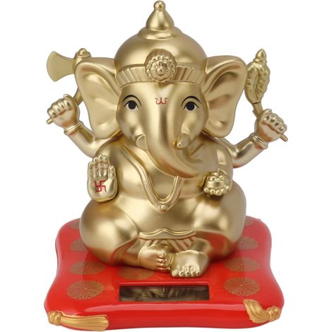 Sculpture de Statue de Ganesh à énergie Solaire pour Décor de Temple de Maison de Tableau de Bord de Voiture, Statue D'éléphant Hindou Idol Bouddha Sculptures Jolie Figurine (Or) (1/5)