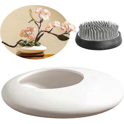 Ensemble vase en céramique sentimentale, bol de composition florale en forme de galet avec support pour tiges de fleurs de 5 cm (blanc) (1/5)