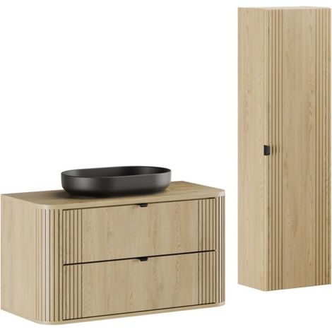 Conjunto para baño KORI: mueble bajo lavabo 100cm + encimera para lavabo + lavabo sobre encimera + columna de almacenamiento