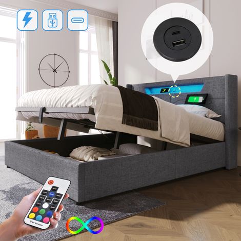 Letto Contenitore Letto Matrimoniale 140 x 200 cm con USB, Tipo C e LED Regolabile, senza Materasso (1/5)