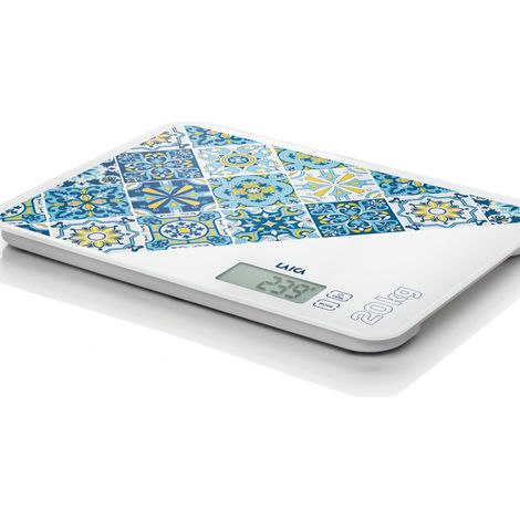 Laica Bilancia Da Cucina Digitale KS5021 Maiolica - 20 Kg / 5 G - Funzione Bloccapeso - Calcolo Volume Acqua - Vetro Temperato