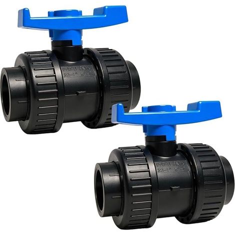 Vanne à Boule PVC Ø 40 mm - Lot de 2 - Double Union à Coller - Pression PN16 bars - Résistante aux Produits Chimiques (60°C) - pour Piscine, Jardin, Arrosage, Plomberie - Poignée Bleue (1/5)