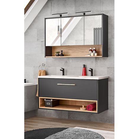 Waschplatz Set mit Doppelwaschbecken BOLOGNA-56 in anthrazit mit Artisan Eiche Nb., B/H/T: ca. 121/200/46 cm (1/5)