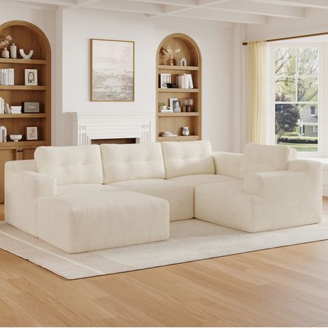 Sofa modular 252/180/82 cm beige en chenilla, composición en U o L con puff y estructura de espuma (1/5)